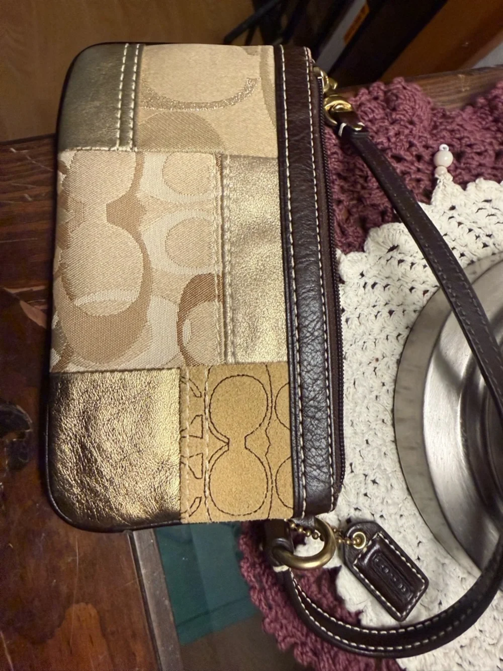 Coach Metallic Gold Patchwork Wristlet with Brown Trim